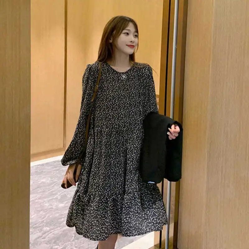 

Plus Size Floral Loose Midi Dress Spring Autumn Long Sleeve O-neck Printing Vintage Elegant Dress Fashion Casual Women Clothing