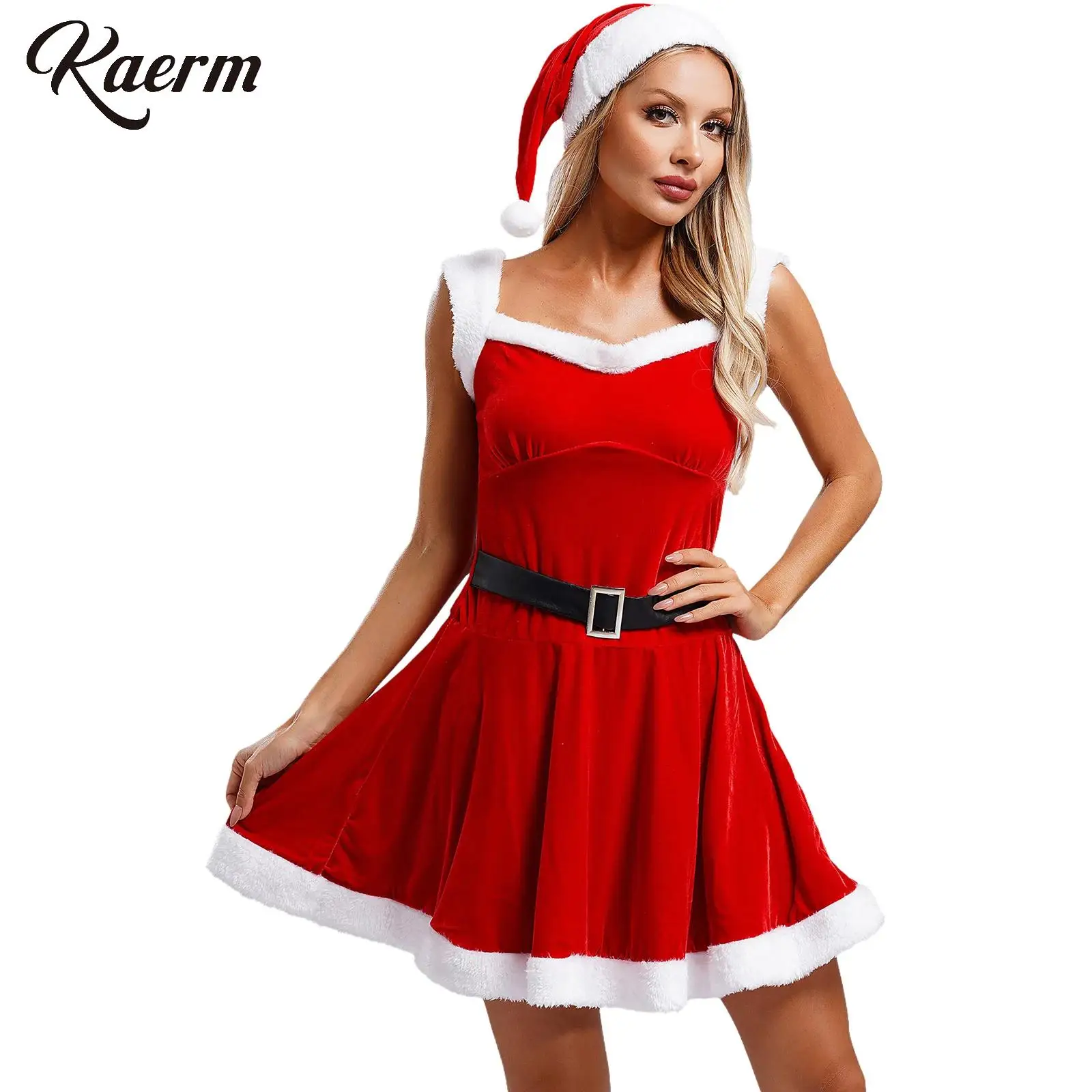 Women’s Christmas Santa Costume Spaghetti Strap A-line Velvet Color Patchwork Dress with Black Belt And Classic Christmas Hat