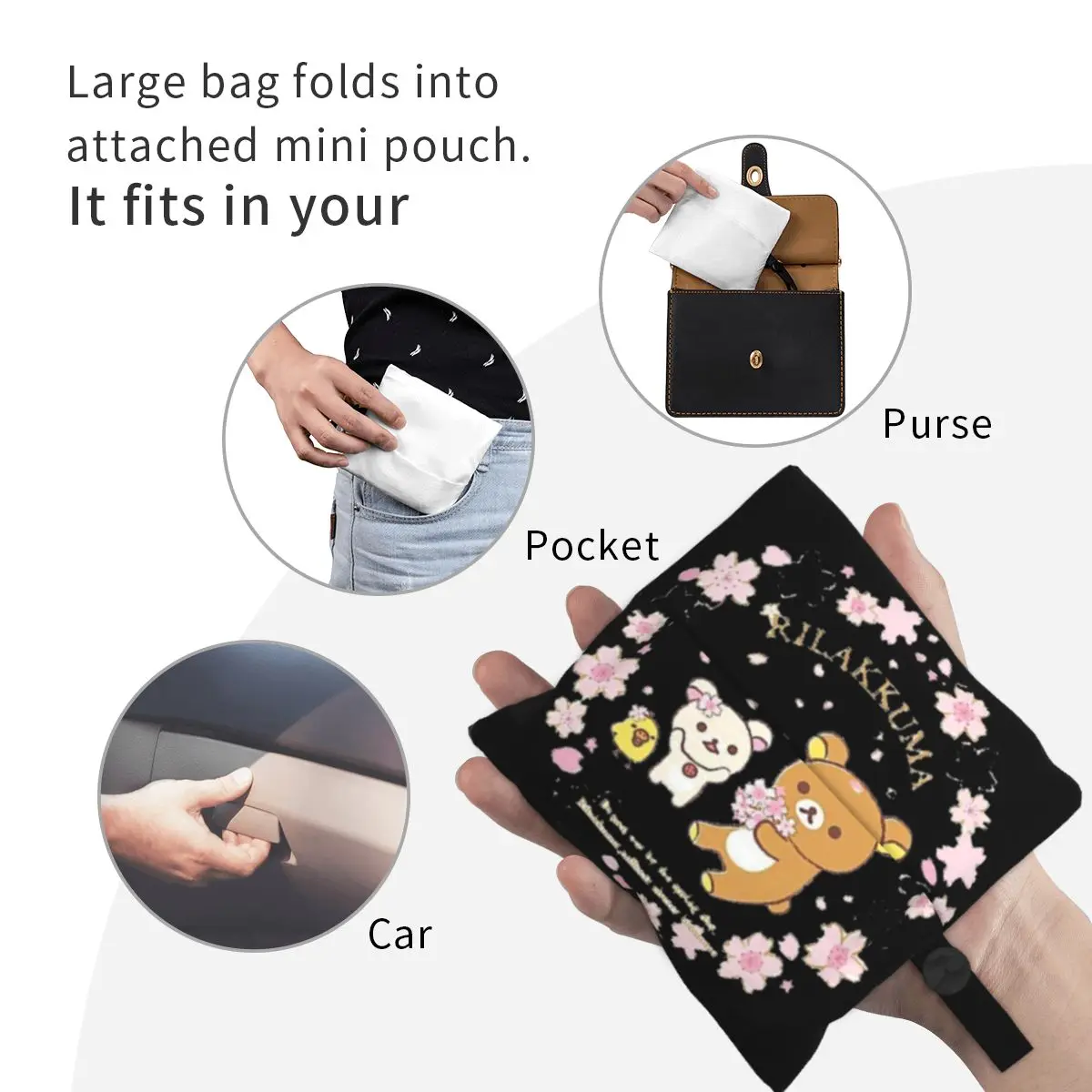 Reusable Rilakkuma Sakura Cherry Blossom Grocery Bags Foldable Machine Shopping Bags Large Eco Storage Bag Attached Pouch