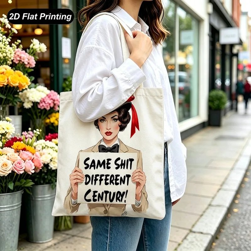 1PC【Tote Bag】2DFlat effect，Featuring a retro art style print of a woman holding a sign，Large-capacity durable model，Adapted