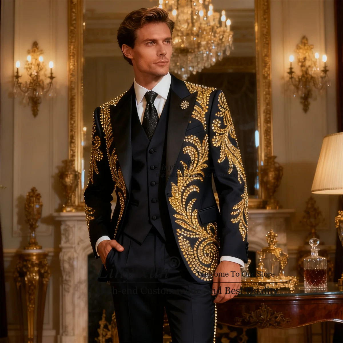 

Высококачественные роскошные мужские костюмы со стразами и бисером, индивидуальные облегающие смокинги для жениха, комплекты из 3 предметов, мужской пиджак для выпускного вечера, Ropa Hombre