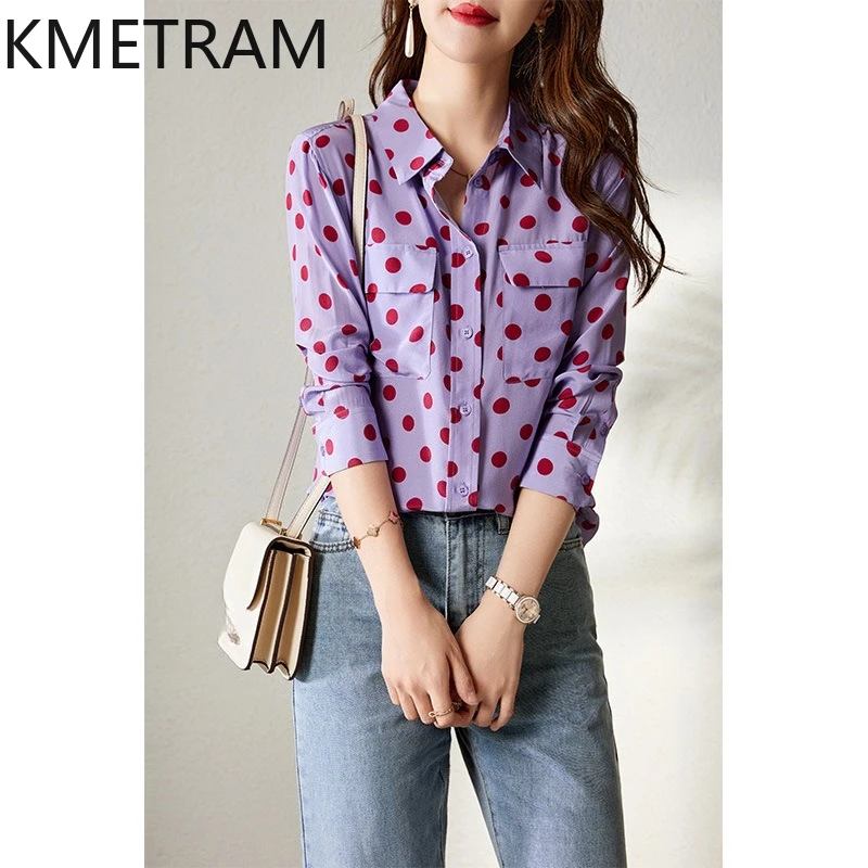 

KMETRAM 100% Real Mulberry Silk Shirt for Woman Purple Polka Dot Blouse French Style Spring Tops New Women Clothes 2026 рубашка