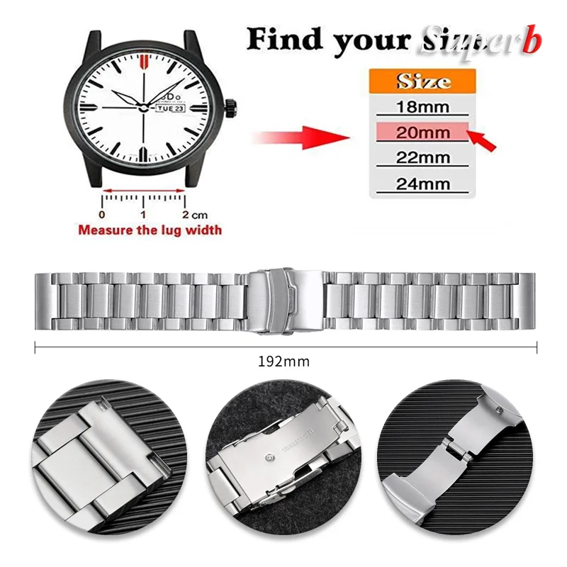 Solid Stainless Steel Watch Band for Seiko Black Metal Strap Luxury Bracelet For Samsung Galaxy Watch 18mm 20mm 22mm 24mm