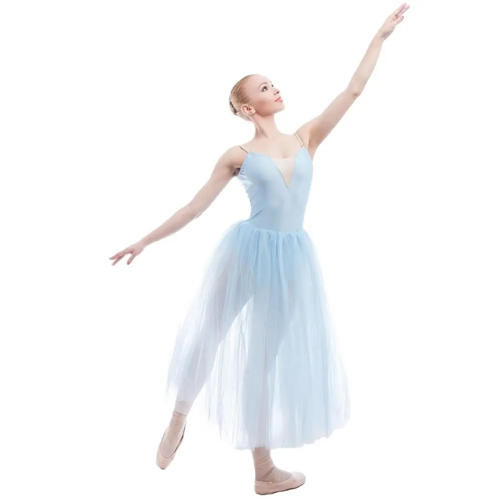 

17002 Sky Blue Spandex Bodice Ballet Dance Dress With Lace Flowers In Front Dance Tutu For Adult/Child Ballet Stage Dance