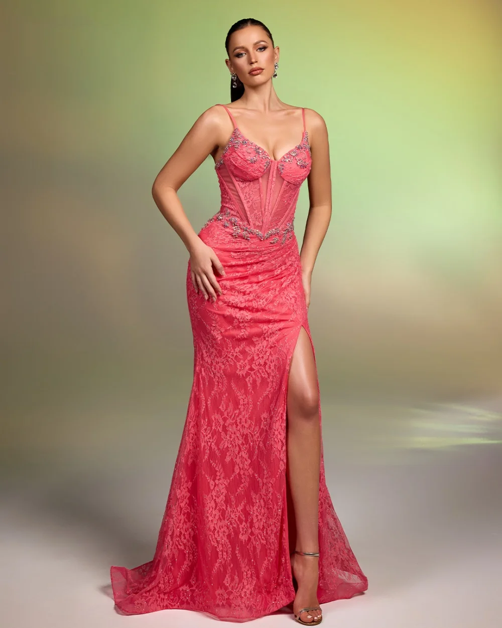 Customized High Quality Women Lace Sequined Rhinestone Mermaid Evening Dresses Fashion Spaghetti Strap Sleeveless Prom Dresses