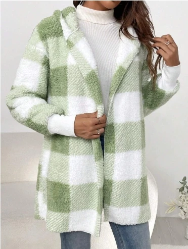 Winter Coats Woman 2024 Vintage Loose Plaid Woolen Cardigan Jacket Hooded Sweatshirt Casual Medium To Long Plush Cardigan Jacket