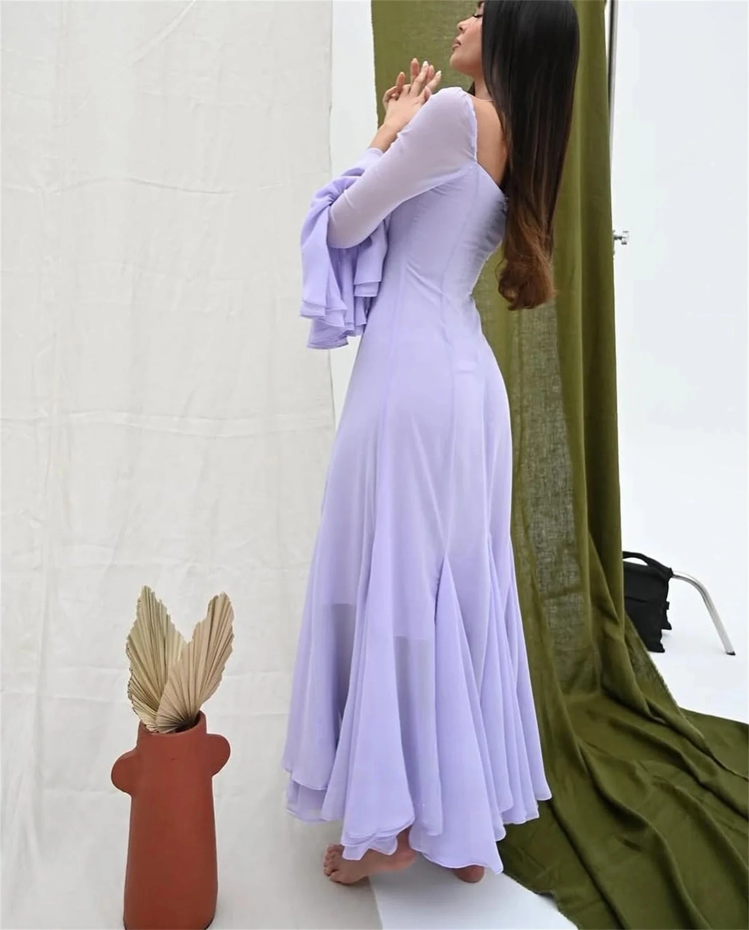 Lila Chiffon Lange Ärmel Maßgeschneidertes Anlasskleid Abendkleider Pastrol Unisex Jersey Retro Dubai Saudi Arabisch Abschlussball Maßgeschneidert