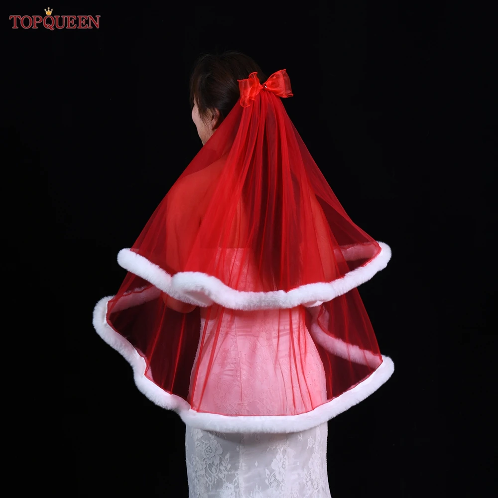 TOPQUEEN V257 Christmas Red Veil Wedding 2-Layer Fur Edge Party Gift Covered Blush Fingertip Off-White Bridal Veil Accessories