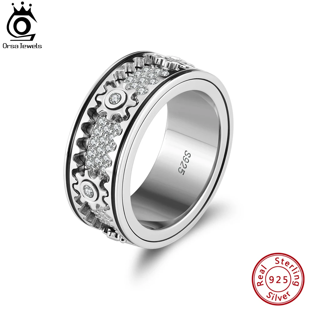 

ORSA JEWELS Genuine 925 Sterling Silver Rotating Gear Rings for Men Fashion Rotable Rhodium Plated Ring Handmade Jewelry NMR14