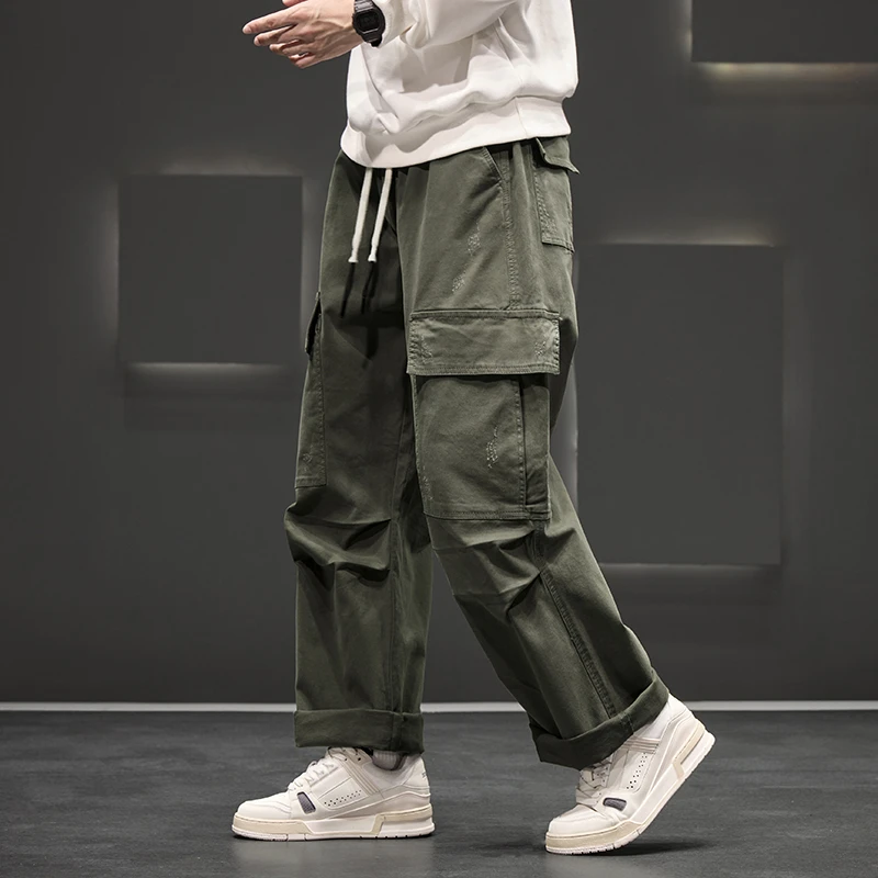 Autumn New Wide Leg Pocket Cargo Pants Men Trousers Neutral Loose Casual Cotton Straight Outdoor Fashion Pants Big Size 8xl