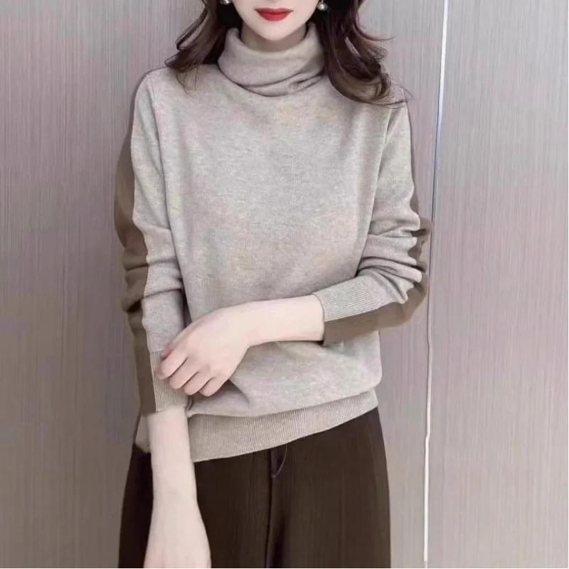 

Korean Style Color Block Two Way Wear Turtleneck Sweater Base Shirt Women Spring Autumn New Style Temperament Slim Fit Knitwear