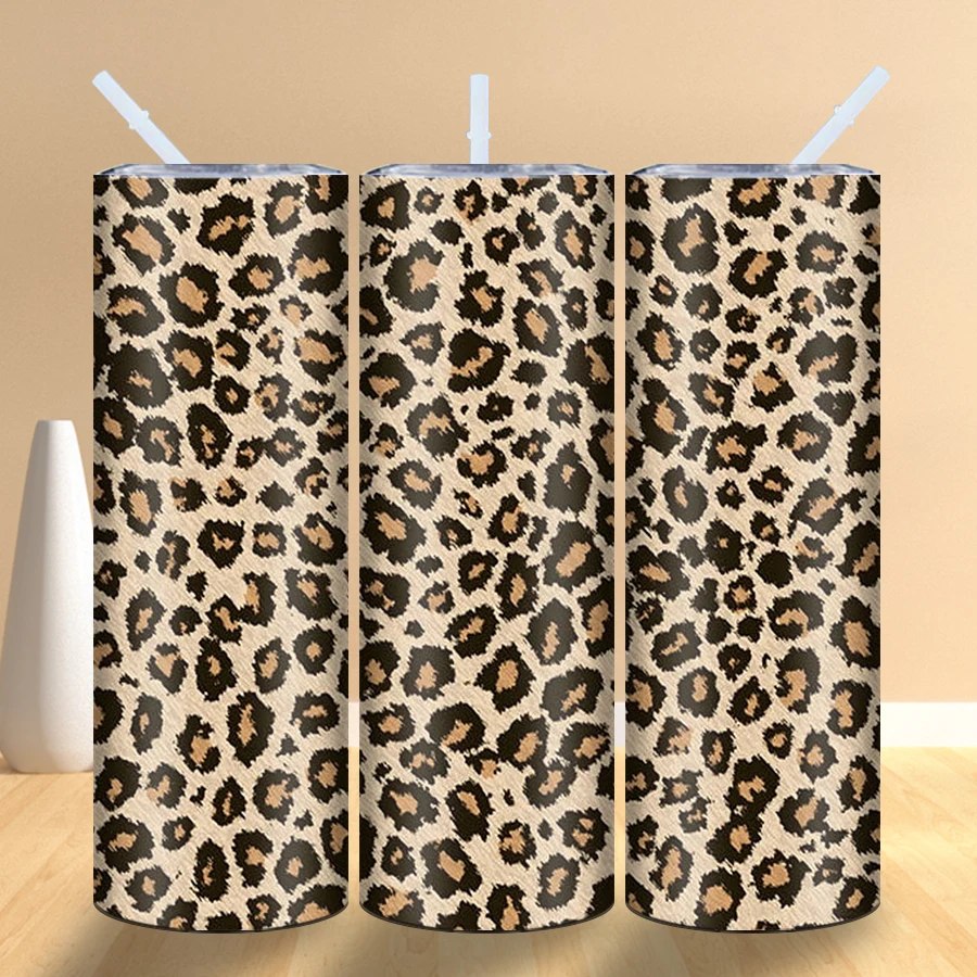 1pc 20oz Sublimation Stainless Steel Water Tumblers With Lid And Straw 3d Leopard Print Series Pattern Insulated Straight Cups