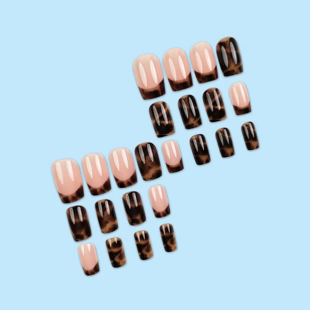 طويل عارية الفرنسية الصحافة على الأظافر 24 قطعة ليوبارد طباعة الأظافر كاذبة خمر نمط غطاء كامل الغراء على الأظافر الاصطناعية
