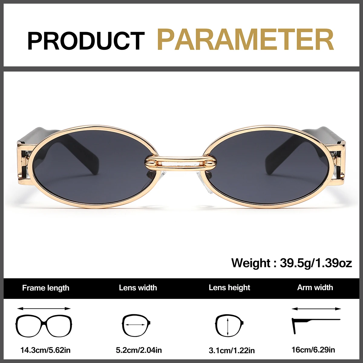Retro Oval Sunglasses Gold Metal Frame Black Temple UV400 Trendy Eyewear For Men Women Street Style Party Daily Wear
