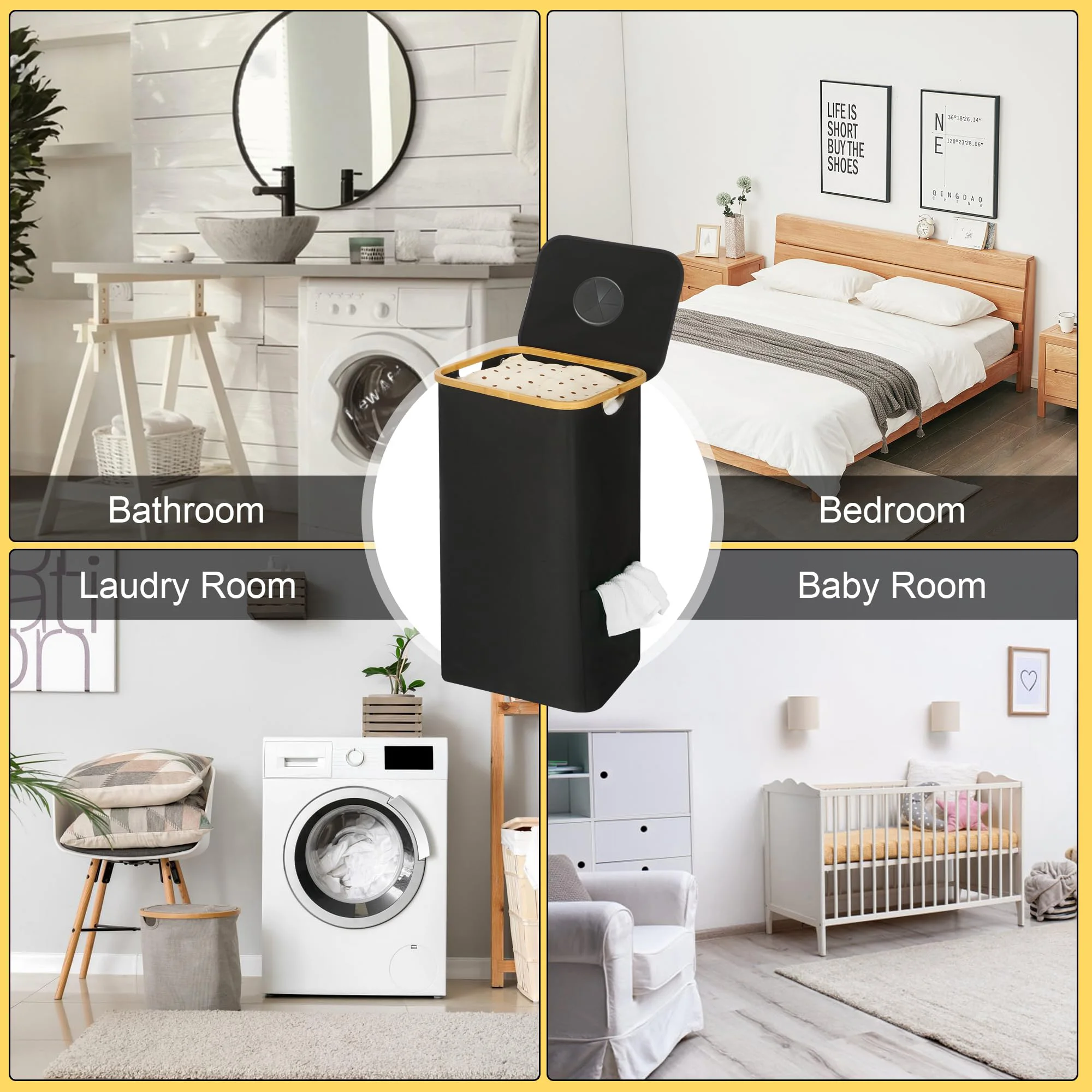 سلة غسيل قابلة للطي بسعة كبيرة 26.42 جالون مع مقابض من الخيزران، بطانة قابلة للإزالة، سلة غسيل من النايلون بجيب جانبي مع غطاء