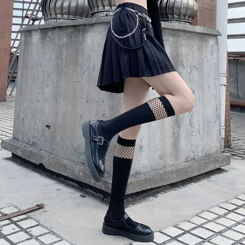 JK Girls Y2k Goth Mesh Stockings Black White Velvet Lolita Long Solid Color Knee High Fashion Cosplay Uniform Sexy Nylon Socks