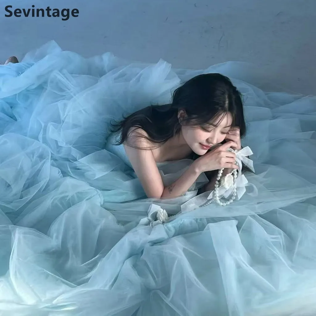 Sevintage 2025 une ligne bleu Tulle corée robe de soirée fée volants bretelles à plusieurs niveaux robe de bal robe de mariée personnalisée