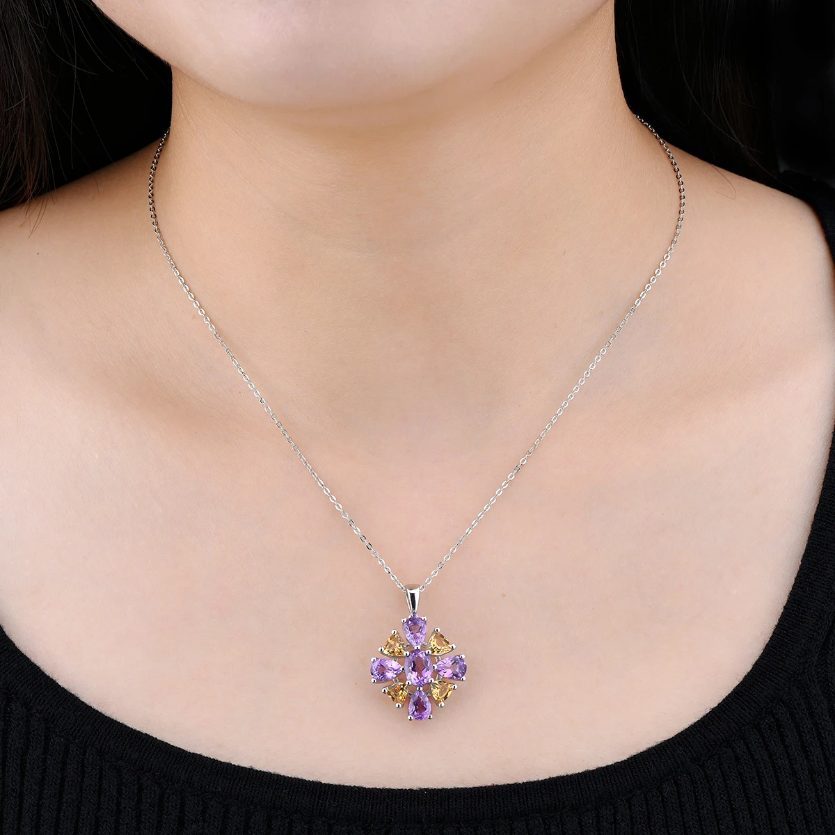 Natural Pink Amethyst Citrine Sterling Silver Pendant 5.5 Carats Multicolor Fine Jewelry Original Design S925 Women Gifts