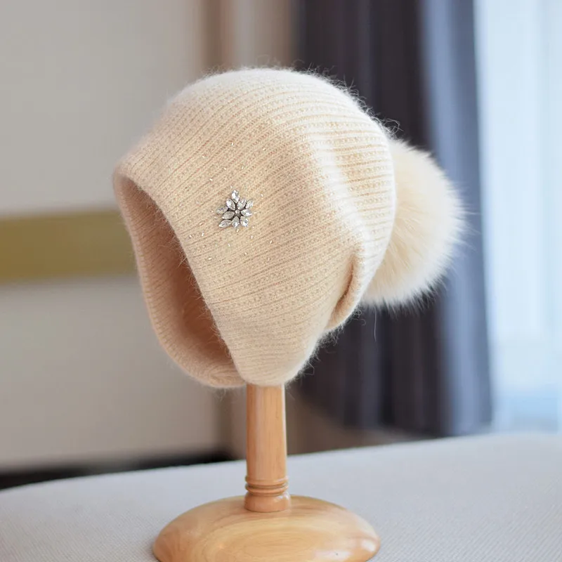 2023 neue Luxus Strass Beanie Hüte Frauen Winter Mode Warme Echt Kaninchen Fell Stricken Hüte Erwachsene Ohr Schutz Abdeckung Kopf kappe – Detail 31
