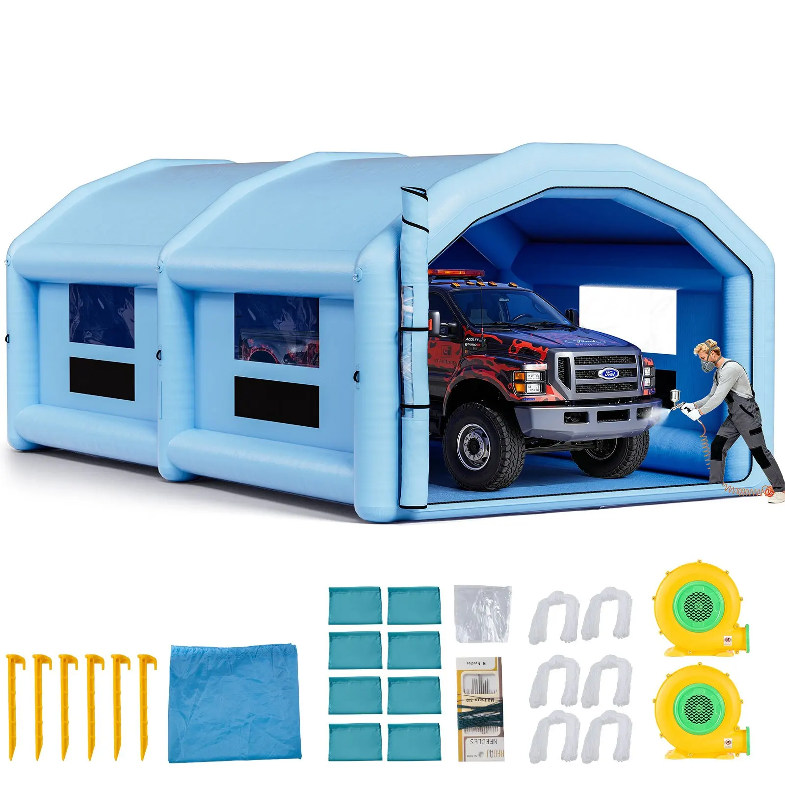 Cabine de peinture gonflable 10 x 6 x 4 m, tente de peinture avec souffleurs de 950 W et 1100 W et système de filtration d'air, toit rond, tissu Oxford, peinture au pistolet pour pièces de voiture en métal