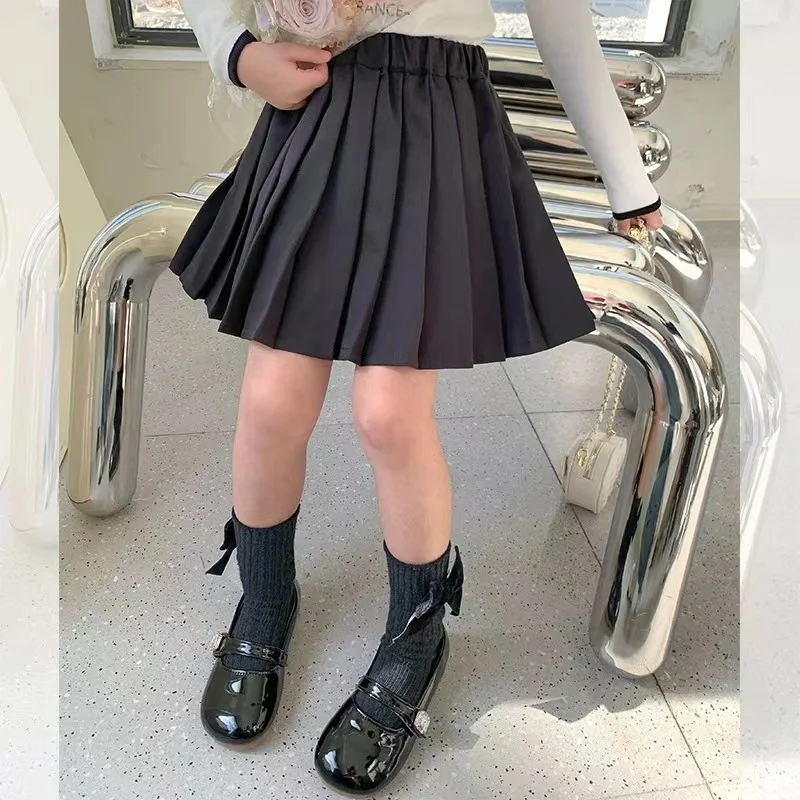 School Skirt for Girls Baby Preppy Style Half Pleated Skirt 2023 Spring New Children\'S Solid Color Pleated Short Skirt