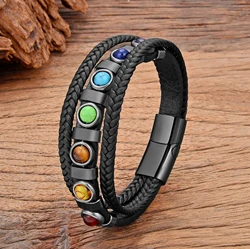 Bohemian Ethnic Style Chakra Bracelets for Man Multi-Layer Braided Handmade Leather Rope Stainless Steel Quality Jewellery