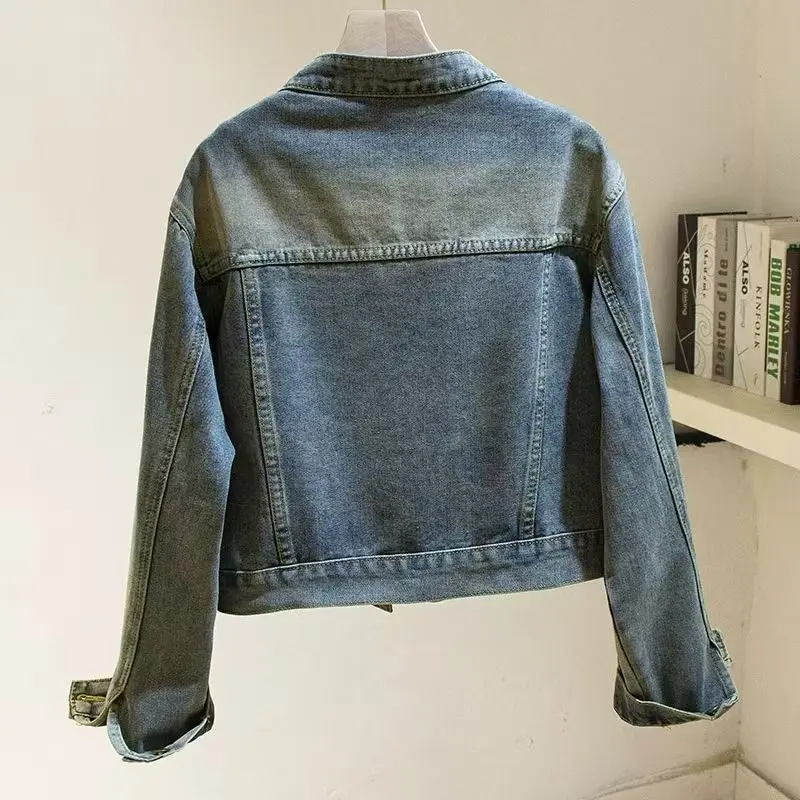 Autumn Vintage Distressed Stand Collar Cargo Denim Jacket Short Slim Women's Coat