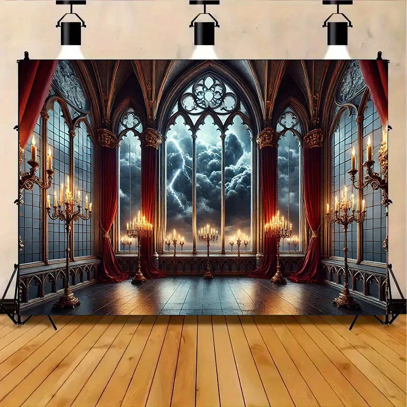 Gothic Window Lightning Tapestry, Stormy Night Landscape Wall Art for Dramatic Living Room and Gothic Bedroom Decor