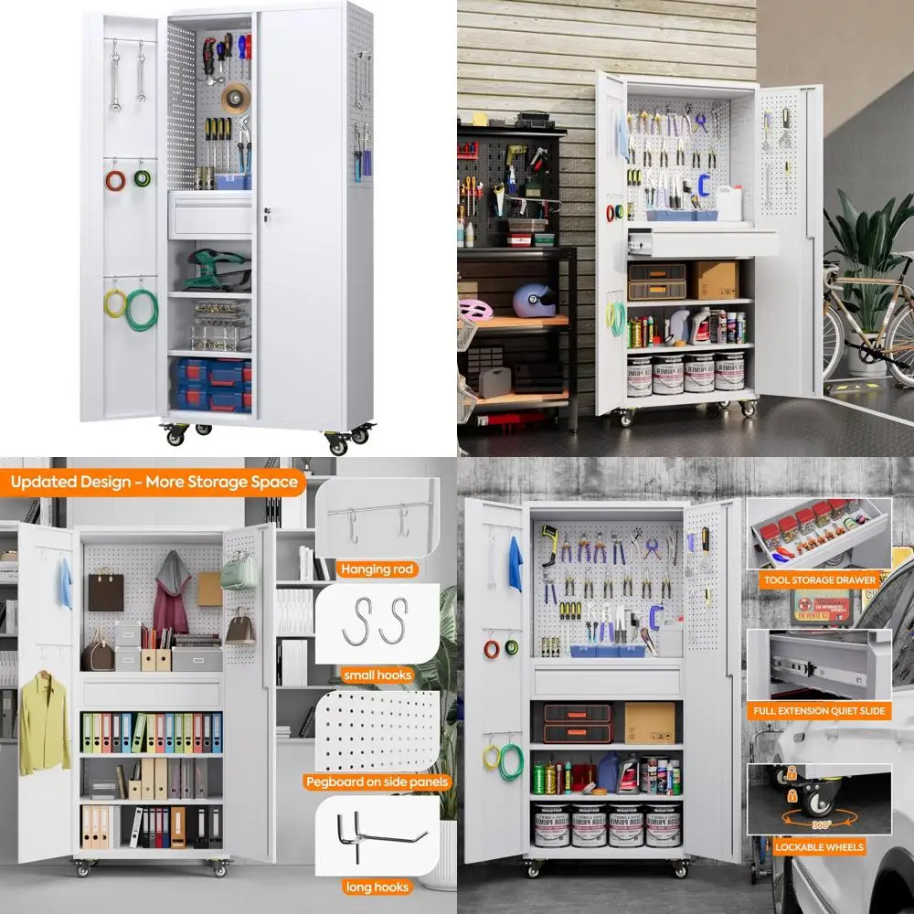 서랍, 후크, 조절 가능한 선반이 있는 롤링 스틸 메탈 수납 캐비닛, 공구 정리용