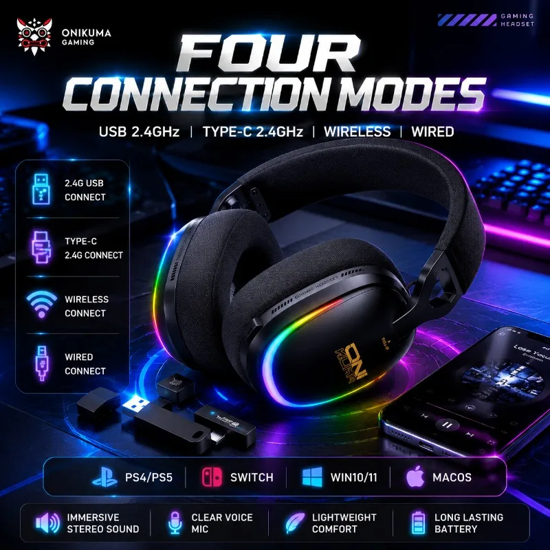 Onikuma GT805 RGB Wireless Gaming Headset Bluetooth 2.4G Wired Connection  Stereo Headphones Low Latency Audio For PS5 Switch PC