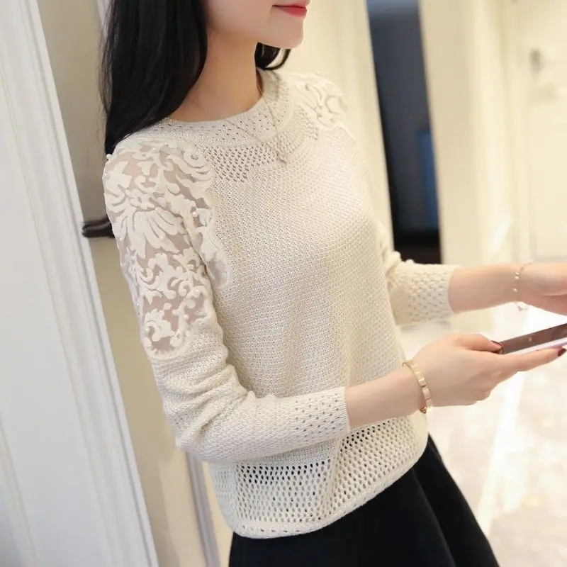 Woman Sweaters Thin Loose Hollow Beading Women\'s Clothing Lace Sweater Spring Crew Neck Pullover Femme Chandails Pull Hiver