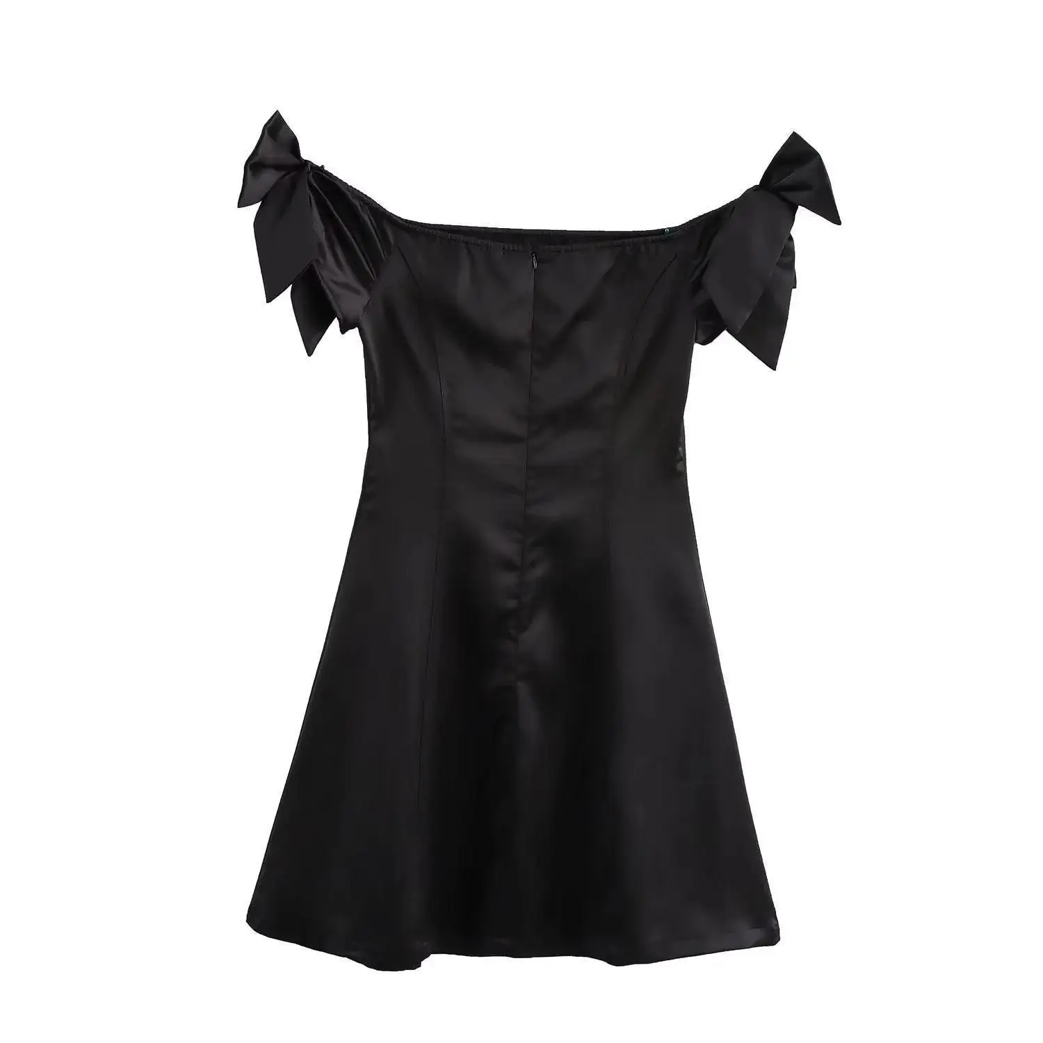 Women Off Shouler Bow Black A-line Dress Sexy Satin Dresses