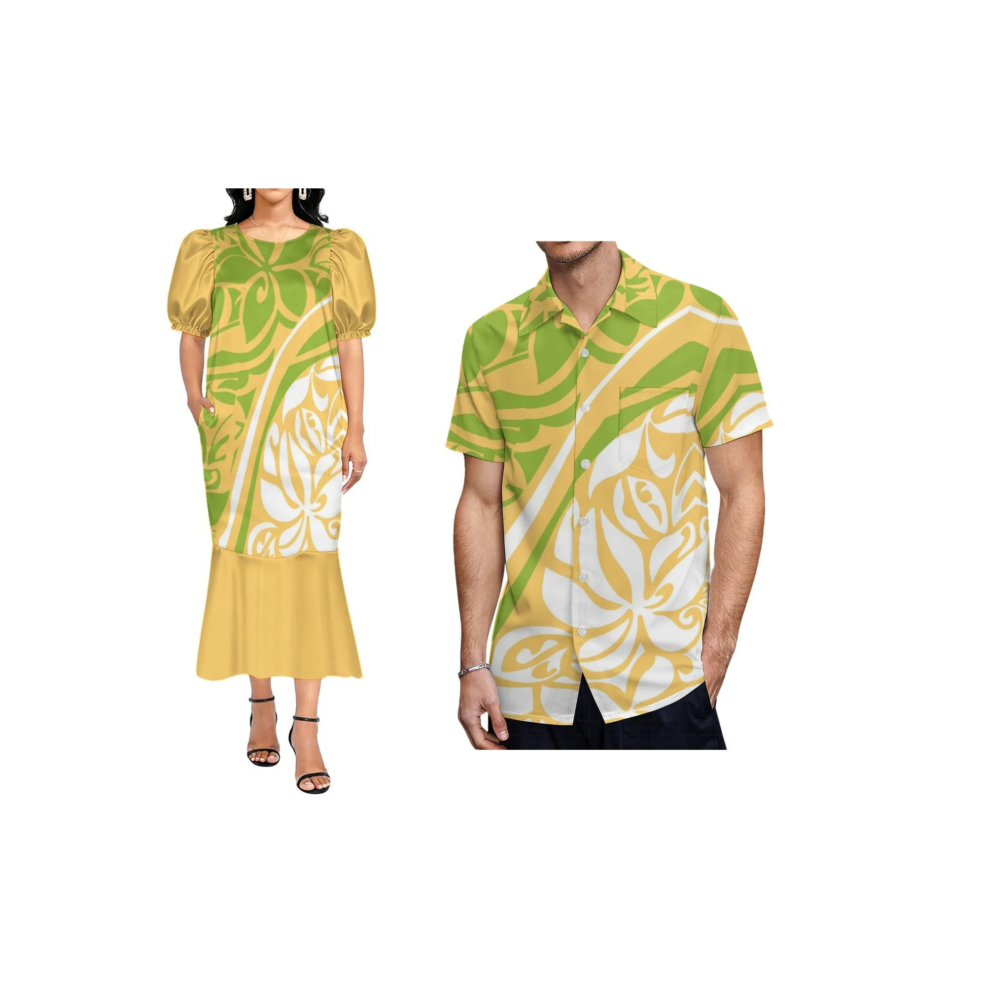 Low Price Custom Micronesian Stretch Mumu Fishtail Dress Samoan Ladies Puffy Dress And Men Stiff Neck Shirt Couple Clothing 2pcs