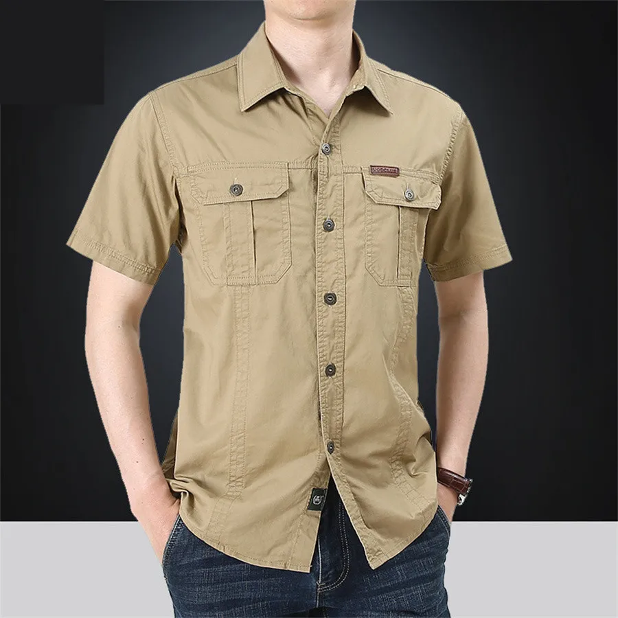Casualowe męskie koszule Cargo letnia bluzka z krótkim rękawem taktyczna koszula z wieloma kieszeniami odzież męska Oversize 5XL