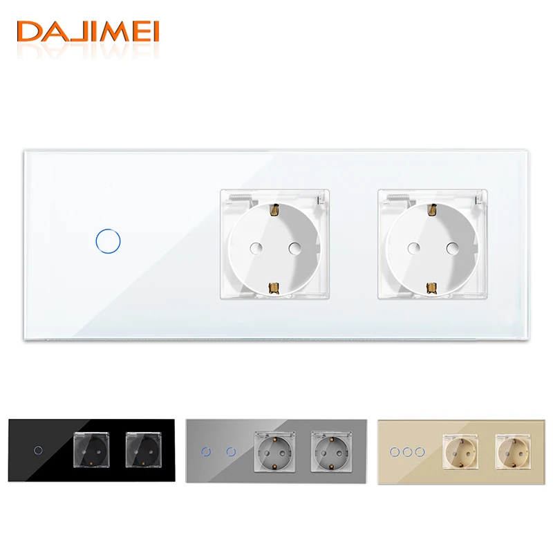 DAJIMEI Double Waterproof Socket with Switch EU Sockets and Switches 1way 2way Crystal Glass Panel Touch Light Switch for Home