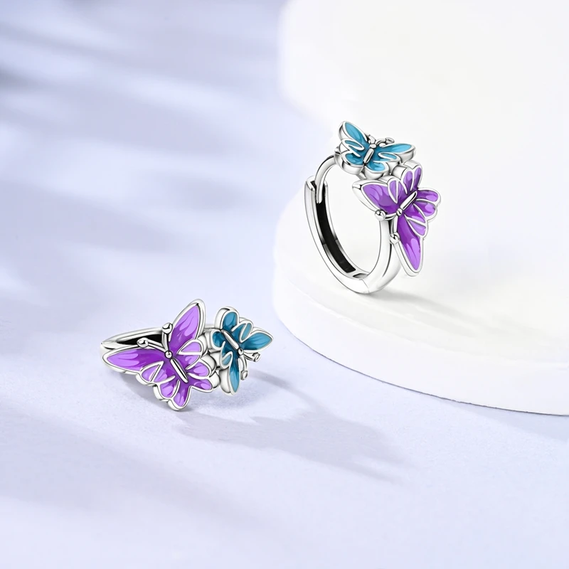 100% 925 Sterling Silver Colorful Butterfly Bee Ladybug Rainbow Flower Earrings For Women Fashion Birthday Party Jewelry Gifts