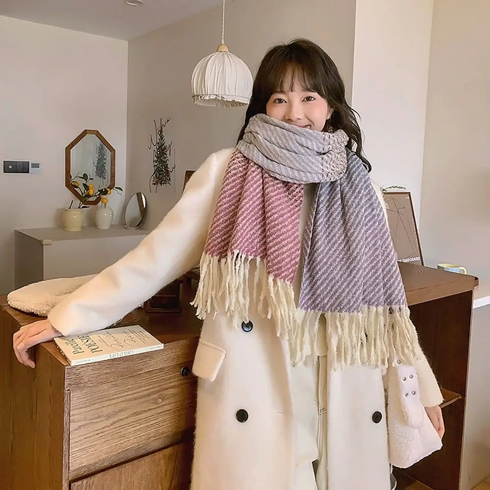 210x70cm Knitted Scarf Splicing Design Winter Warm Thermal Neck Warmer Wool All-match Thickened Shawl for Women Girls Maiden