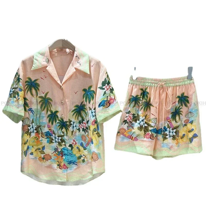 Fashion Turn-down Collar Short Sleeve Shirt Women Casual Print Pants Beach Style Loose Suit Party Vacation Two Piece Set