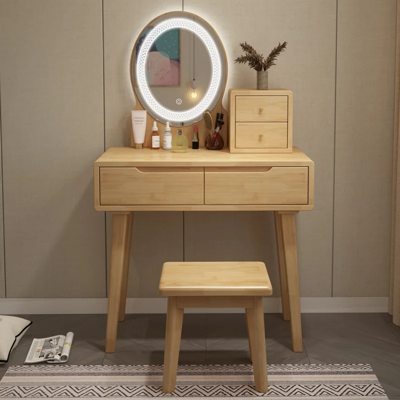 

#Solid Wood Multi-function Dressing Table & Makeup Mirror With Lamp And Storage Nordic Bedroom Desk