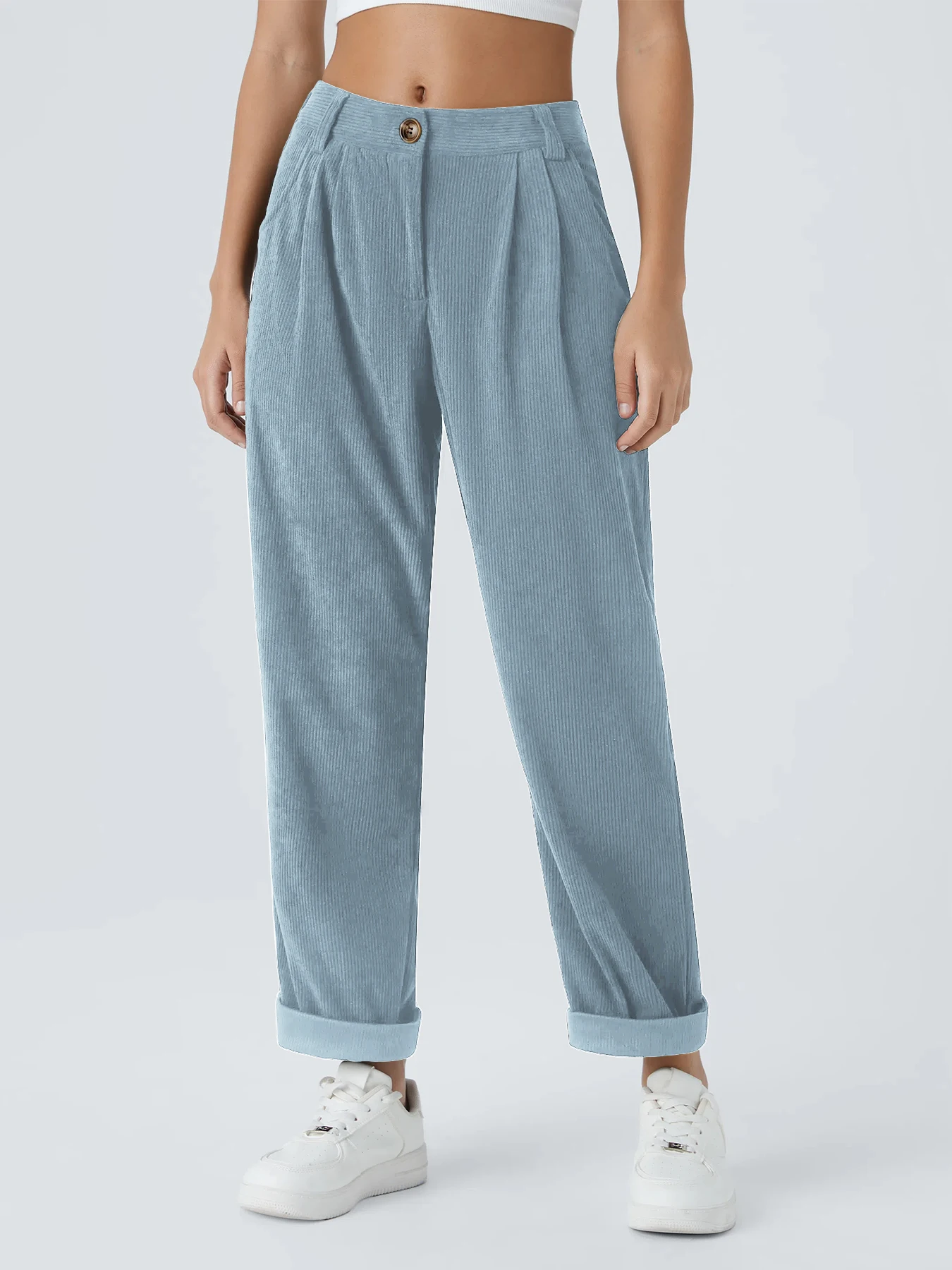 Neue Herbst- und Winter-Freizeitanzüge für Damen in Unifarben aus Cord mit weitem Bein und geraden, samtartigen Hosen, die schlank aussehen – Detail 15