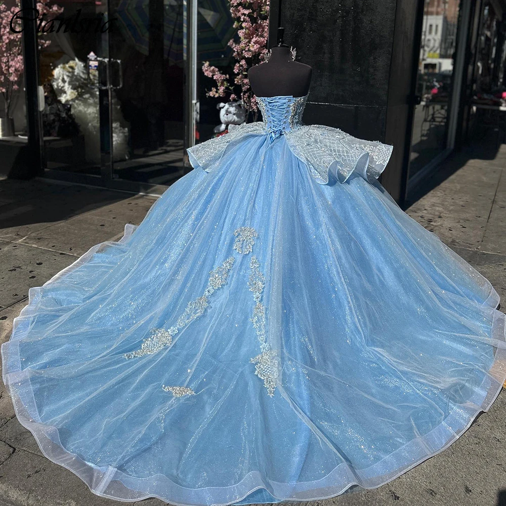 Vestido De quinceañera sin mangas, vestido De baile con cuentas De cristal, corsé con volantes, ilusión azul claro, 15 Años