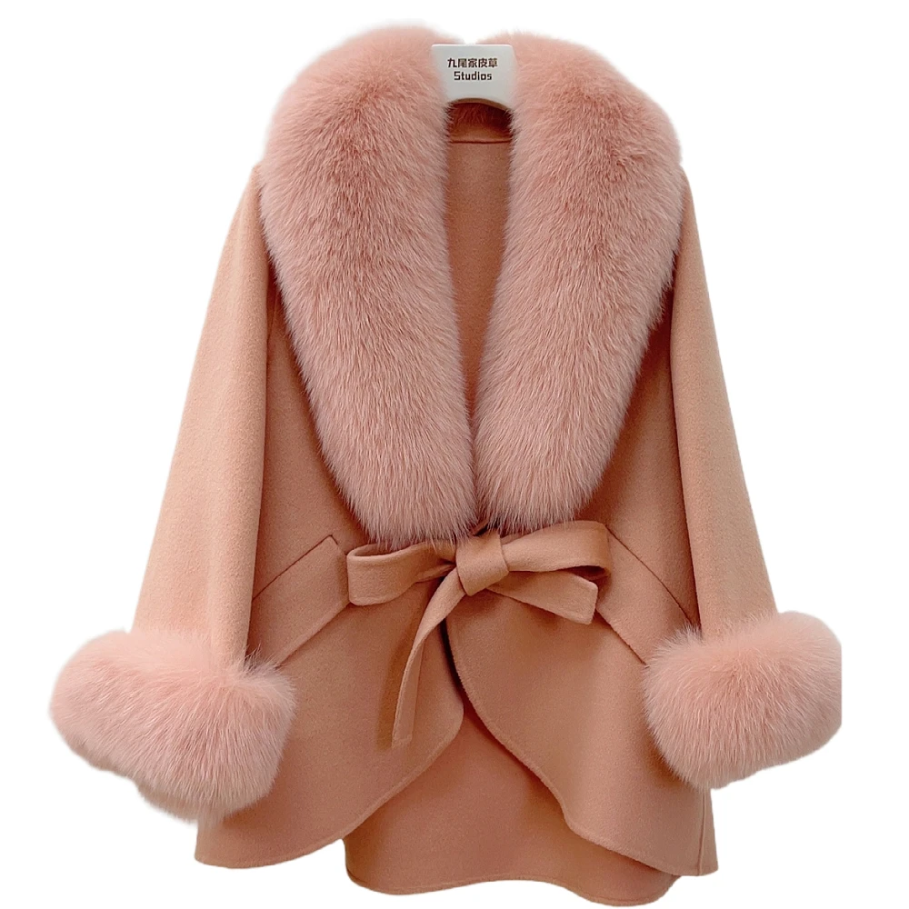 

2023 New Winter Coat Mid-Length Slimming Cape Fox Fur Fur Coat Wool Double Sided Cotton Cashmere Coat Women Jackets Fur Cuffs