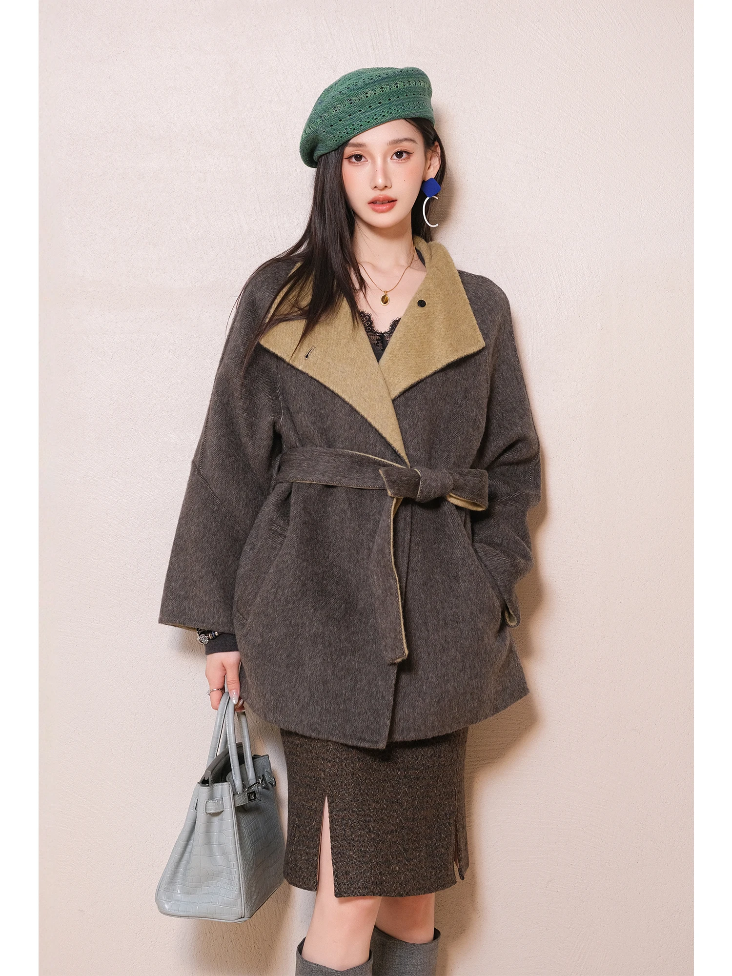 

MIUCO Luxury Wool Double-Faced Woolen Coat Women's Faion Color Blo Long Sve Mid-Length High Waist Sle