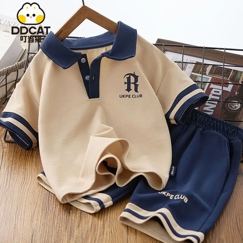 

Boys Summer Suit Children's Lapel Polo Shirt Middle and Big Boys Summer Short Sleeve Shorts Two-Piece Set