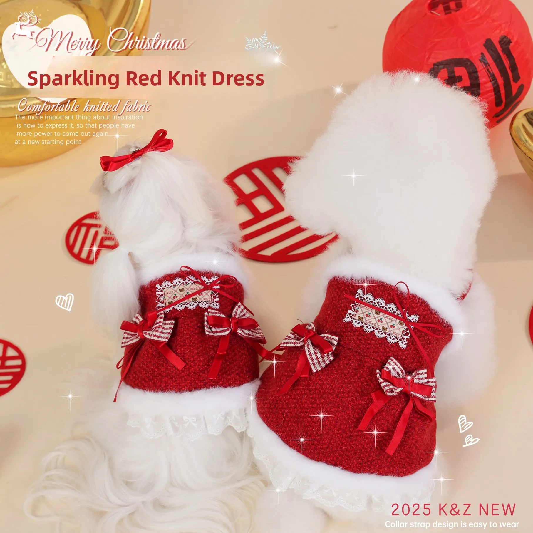 KZ New Year Blessing Fleece Lined Princess Style Christmas Girl Dog Costume Vest Dress for Chihuahua Pomeranian Pets