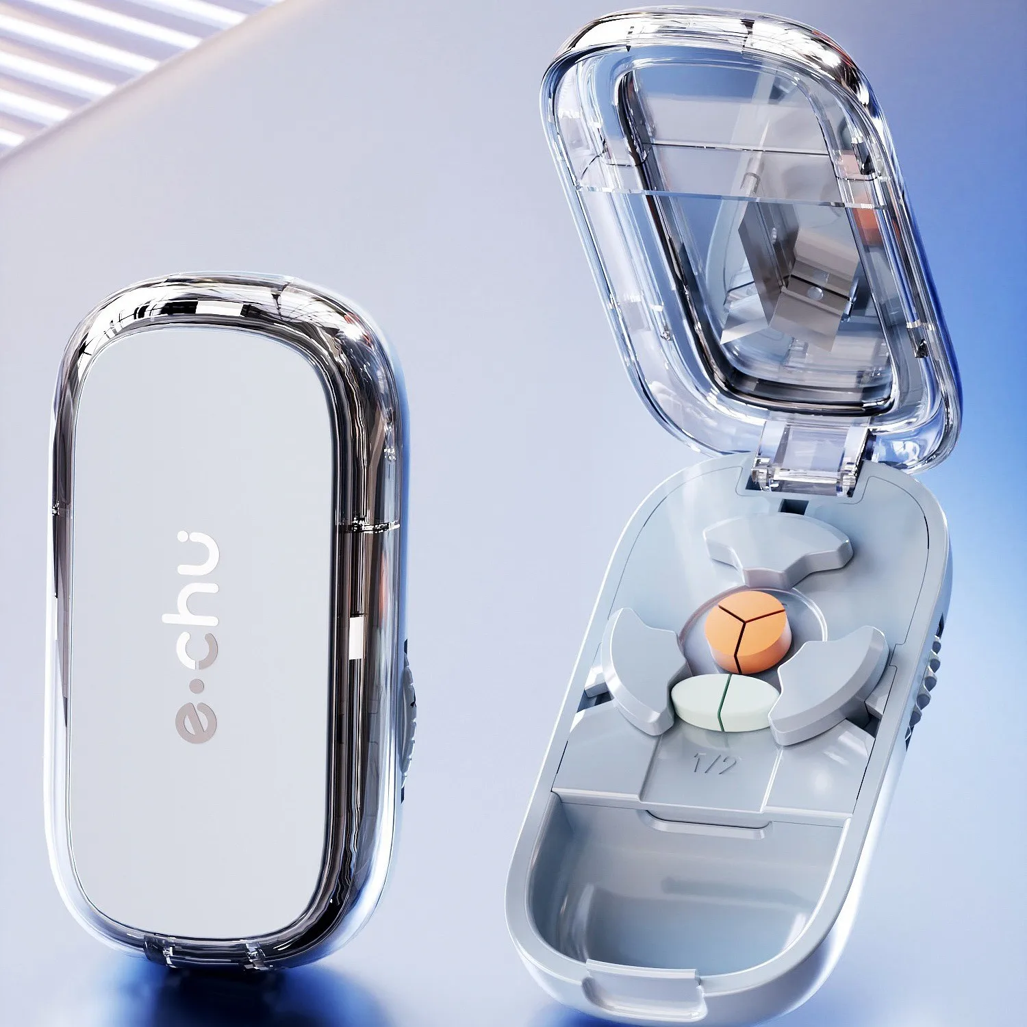 فاصل حبوب الدواء المحمول صندوق تخزين الأدوية المنزلية قطع حبوب 1/2 مع وظيفة توسيط ومحاذاة دقيقة