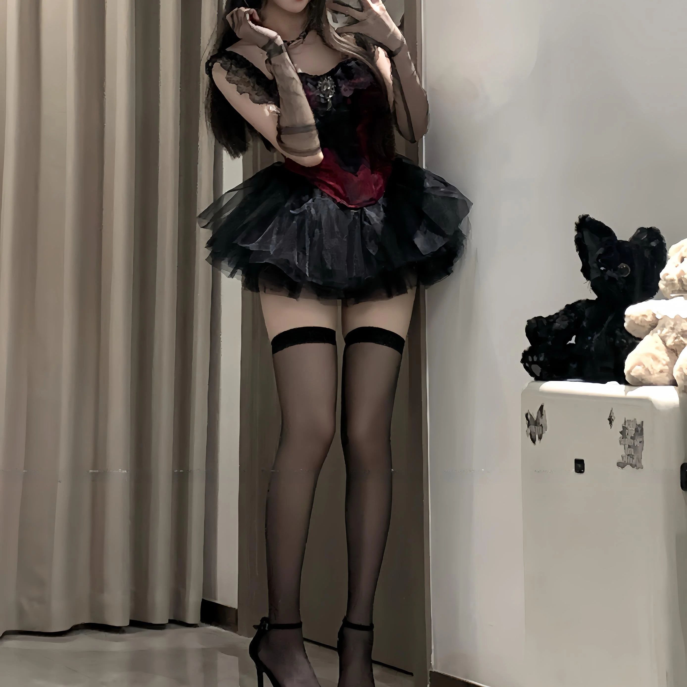 Gothic Dark Costume Halloween Cosplay Women's Lace Trim Crop Top Waist Cinched Patchwork Tube Top Original Design  Color