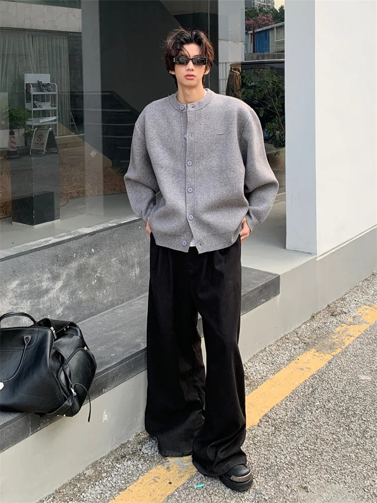 Gray Loose Casual Knitted Cardigan Sweater Men Women Autumn Winter Street Style Vintage Loose Fit Knitwear Outerwear