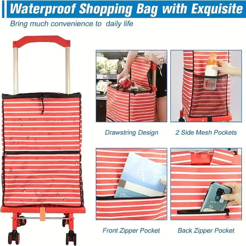 

Foldable shopping cart, 360° rolling wheels, stair climbing shopping cart with detachable shopping bag, large capacity multifunc