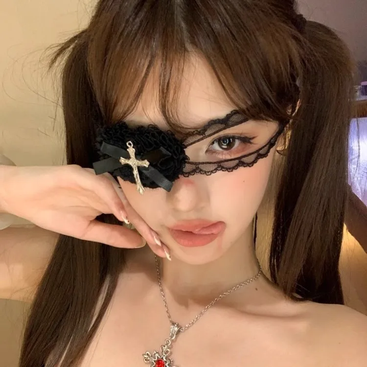 

Sutured nun Halloween lace cross eye mask, female dark gothic style bow love mask accessory